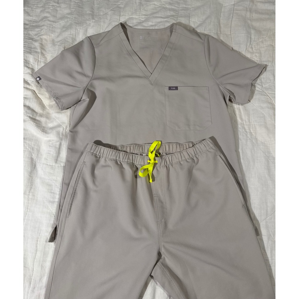 Figs Scrub Set Large Catarina Top Pisco Pants Stone Grey Neon Drawstring